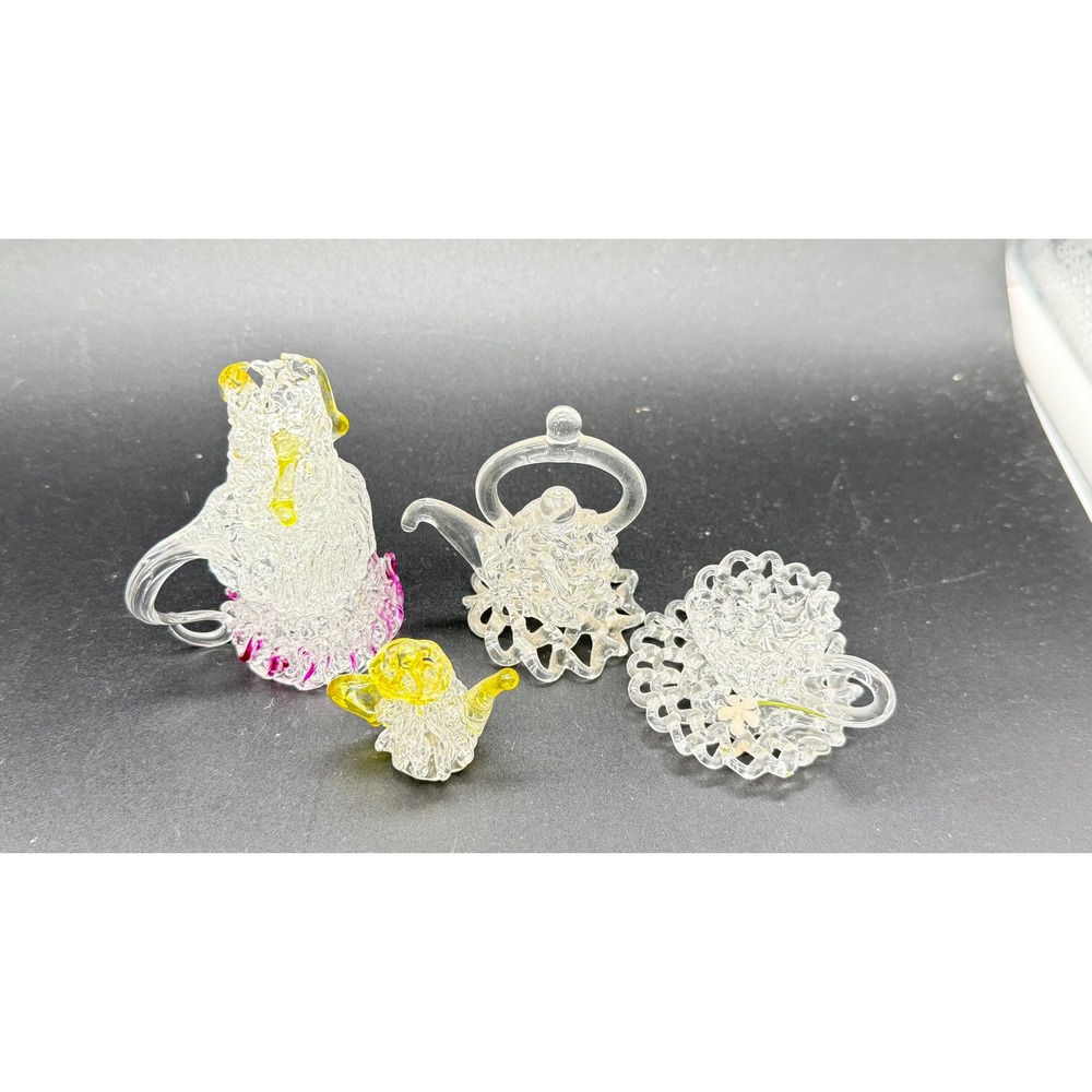 Vintage Spun Glass Miniature Tea Set 4 Piece Hand Blown Clear Pink Yellow Art